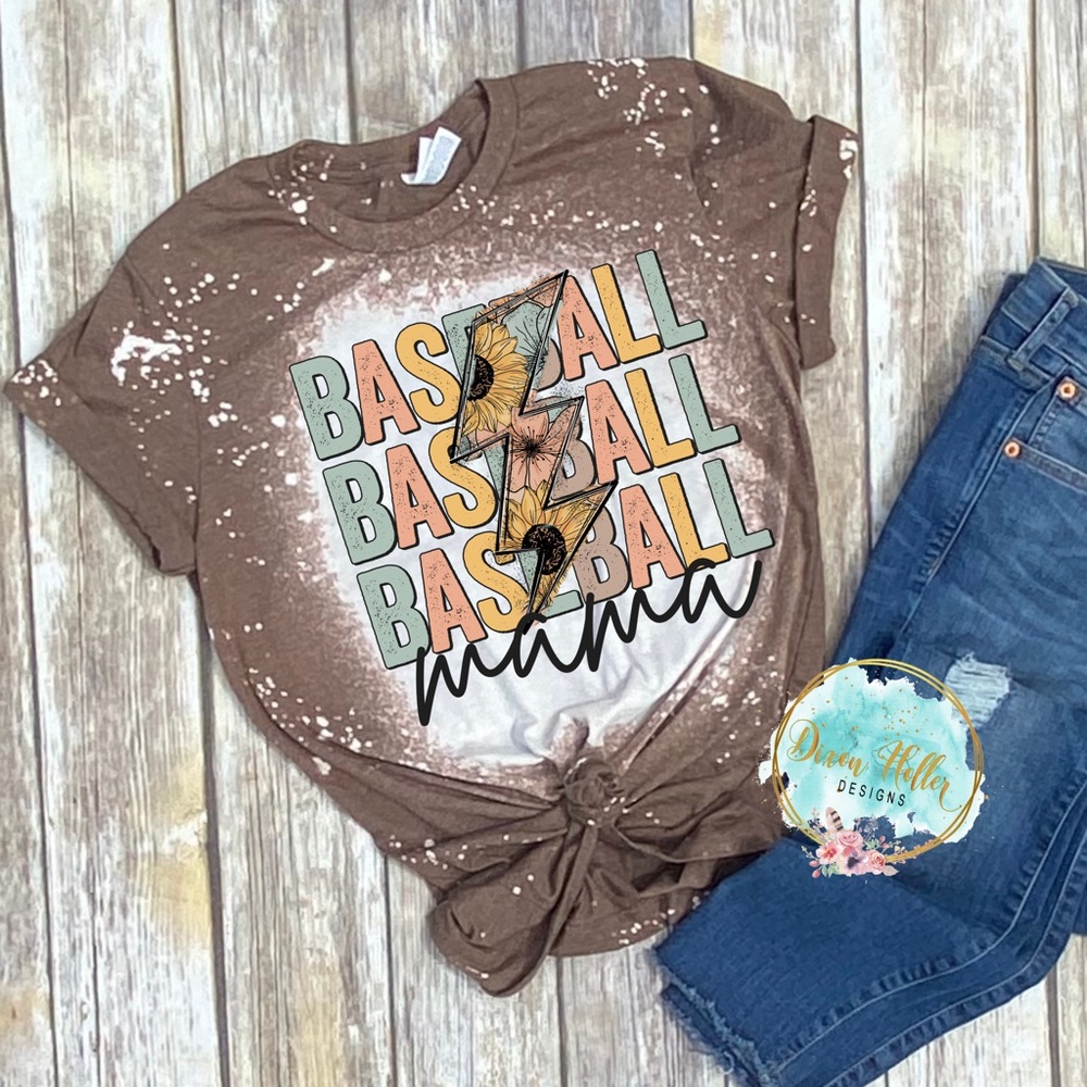 Women’s S-3X Baseball Mama Sunflower Bolt Bleached or Plain Tee